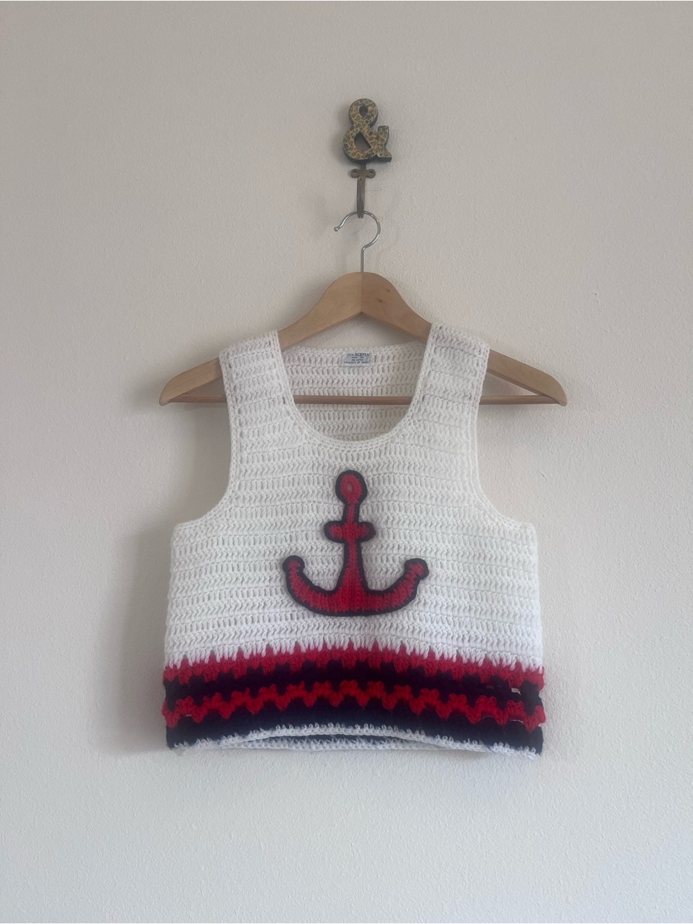 Handmade White Crochet Crop Tank with Red Anchor - Picture 2 of 7